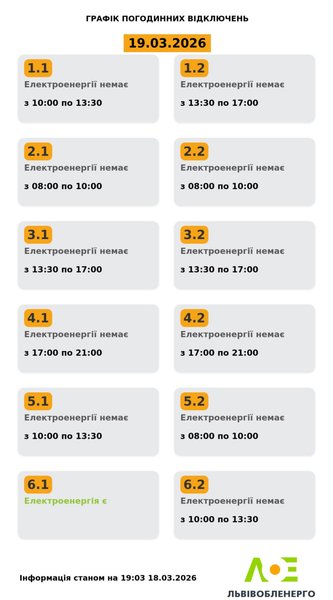 Отключение света во Львовской области на 19 марта — график Графики отключения света во Львовской области на 19 марта